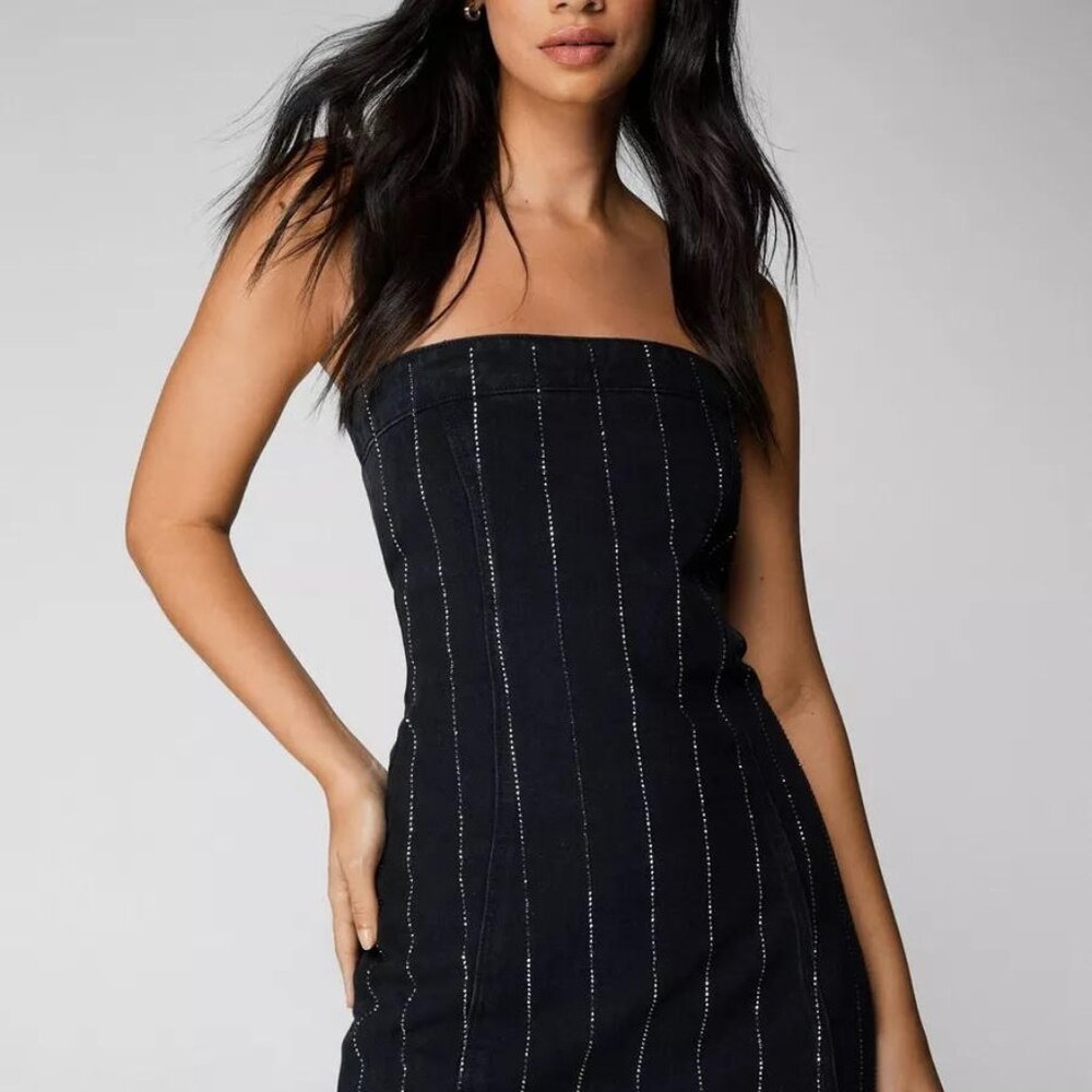 Diamante Pinstripe Bandeau Mini Dress Color: washed black Size: 8 NEW WITH TAGS